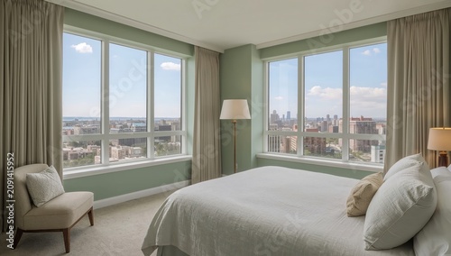 Modern Bedroom With Windows Showing City View in a High-Rise Building