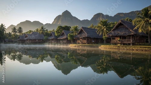 Morning Light Reflects on Houses by Water With Mountains in Background