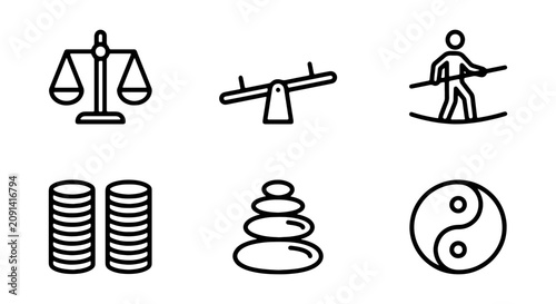 Fotografie Balance Icons: Scales, Seesaw, Tightrope Walker, Coins, Stacked Stones, Yin Yang