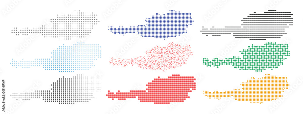 Fototapeta premium Austria map mosaic collection made from various shapes and geometric dot textures.