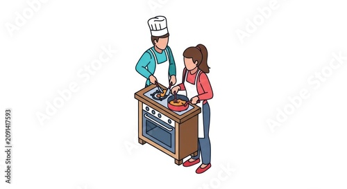 Chef and woman cooking together kitchen.