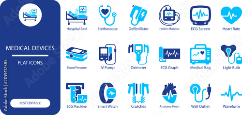 Medical devices icons set. Silhouette vector illustration of hospital equipment, heart rate monitor and medical tools for healthcare design.
