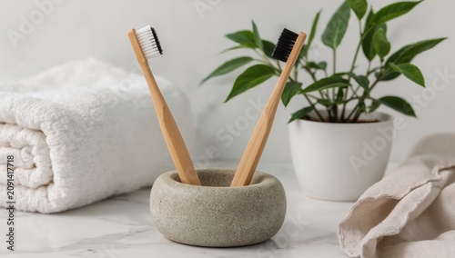 Two Bamboo Toothbrushes in a Stone Holder Next to a Plant and Towels in a Bat...