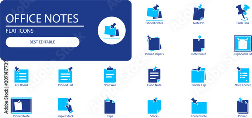 Office notes icons set. Silhouette vector illustration of sticky notes, papers, clipboard and bulletin board symbols for business design.