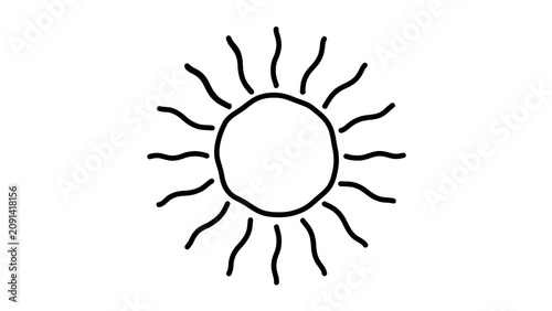 Wavy ray sun vector icon in thin black outline, minimalist summer weather illustration with round center and hand drawn beams for sunshine, heat, daylight, forecast, beach vacation, and clean design