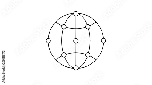 Connected globe vector icon with balanced node grid, vertical meridians, horizontal axis, and outline style for worldwide communication, internet mapping, data systems, and scalable illustration