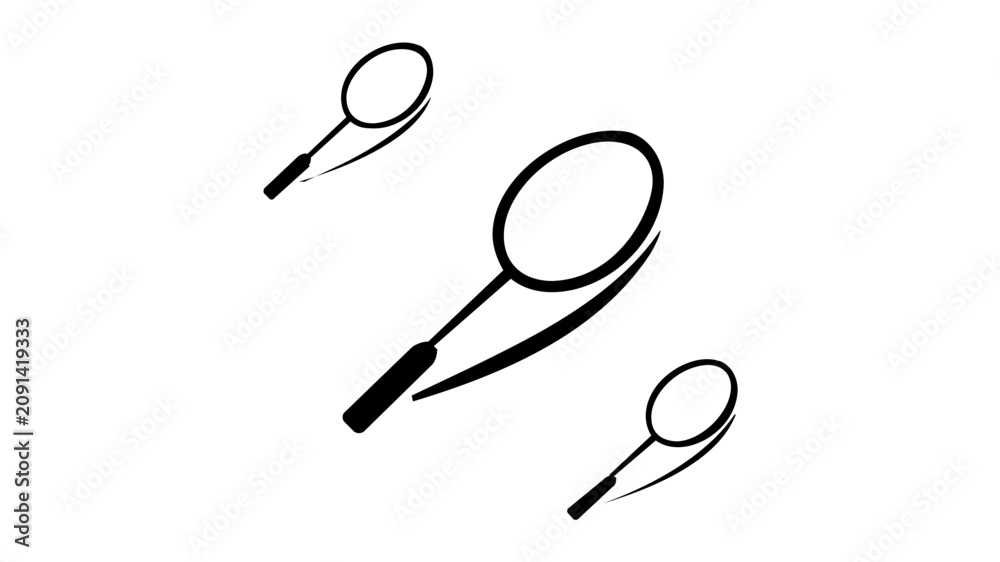 Fototapeta premium Set of black outline badminton rackets in motion, minimalist vector icon illustration for outdoor recreation, racquet sport lessons, tournament graphics, fitness apps, and playful activity design