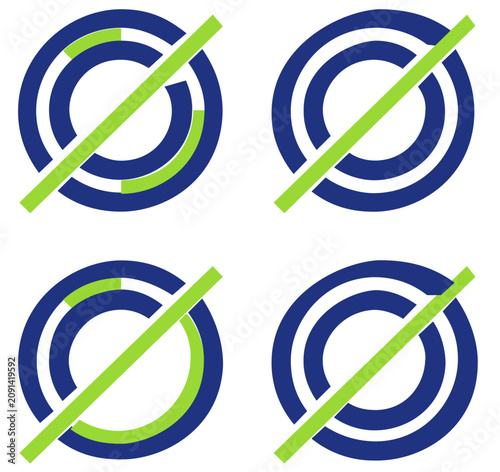Minimalist vector icon illustration of circular swim ring style target with navy concentric bands and bright green diagonal slash, clean geometric line art for recreation safety signage and graphics