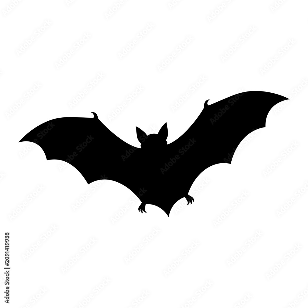 Fototapeta premium Black bat silhouette, flying mammal icon, Halloween symbol, wildlife illustration isolated on White Background halloween