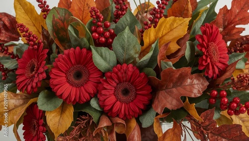 Bright Display of Red Flowers and Autumn Leaves Arranged in a Vase for Decora...