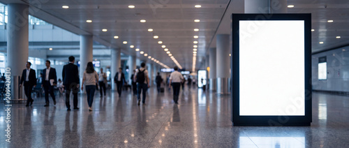 Blank lightbox mockup in crowded terminal showing a vertical white illuminated display against a blurred background of walking passengers, perfect for out of home advertising placement