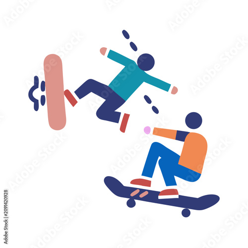 Bild auf Leinwand Flat Skateboarding Accident, Riders, Minimalist Graphics, Black Background