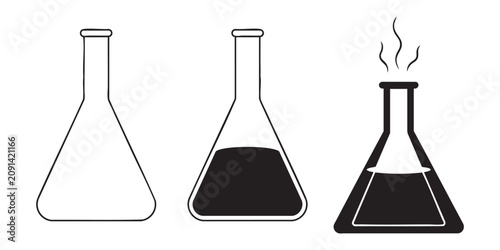 Fotografía Erlenmeyer flask progression set showing empty glass to boiling chemical reaction with steam effect