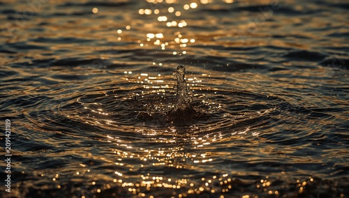 Droplets Impact Water Surface Creating Ripples During Sunset Near a Shoreline