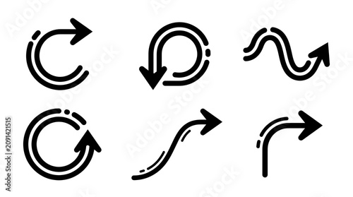 Set of black arrow loops and curved lines vector icons on a white background