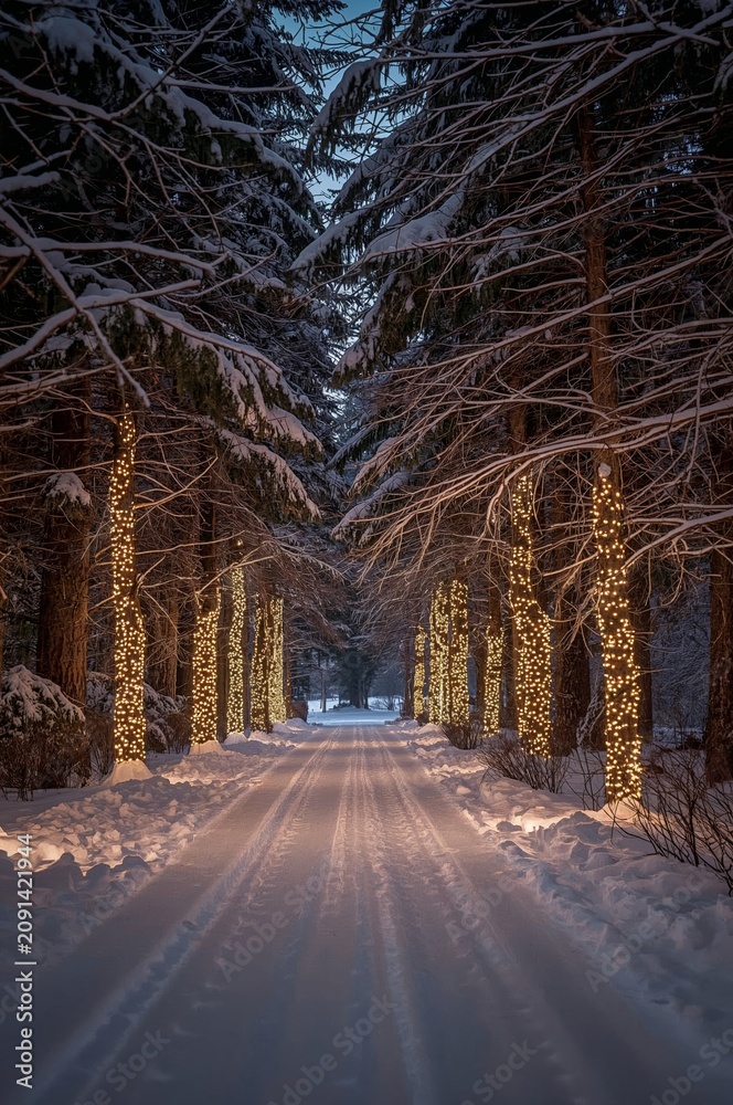 Naklejka premium Snowy Path Lined With Lights Under Trees During Evening in Winter