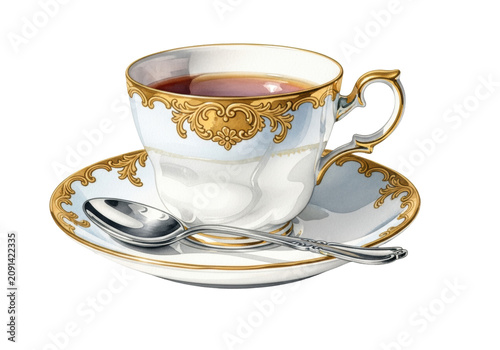 Elegant watercolor illustration of an antique porcelain teacup with black tea and a silver spoon on a transparent background. Luxurious english tea service concept