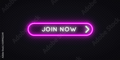 Fotografie Neon pink glowing Join Now button with arrow on dark transparent background