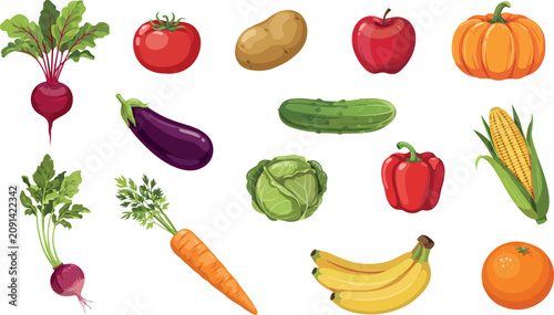 Fresh Vegetables and Fruits Vector Icon Set for Grocery Shop Branding Healthy Eating Blogs Cooking Recipes Market Signs and Agricultural Organic Product Sticker Design