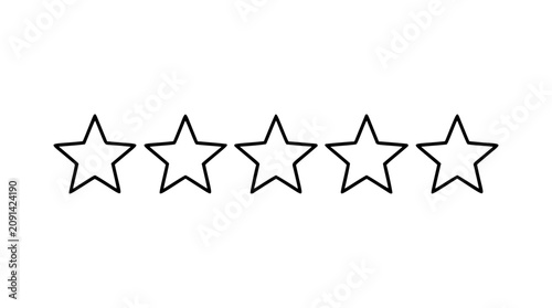 Five star rating outline vector icon, hand-drawn minimalist review score illustration with clean black line stars for feedback, evaluation, ranking, customer satisfaction and scalable UI design