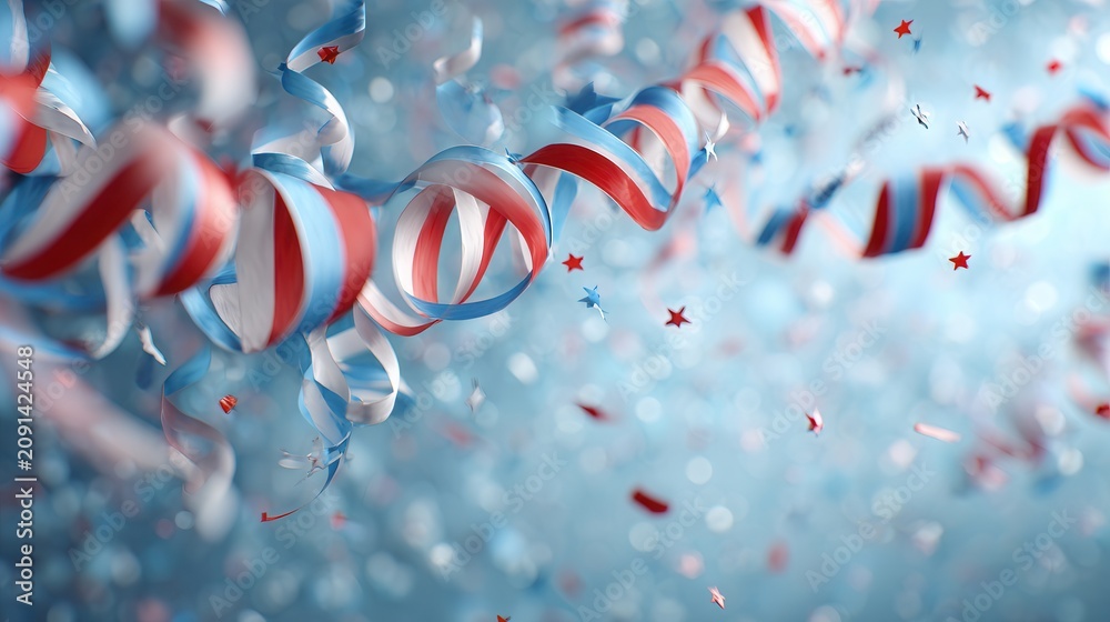 Fototapeta premium Red white blue ribbon curling through festive confetti with warm golden bokeh and soft summer glow for cheerful celebration, with ribbon, red, white, blue detail