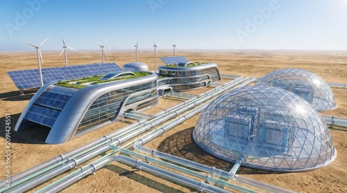 Modern futuristic desert research facility featuring solar panels wind turbines and transparent glass domes connected by complex industrial piping systems