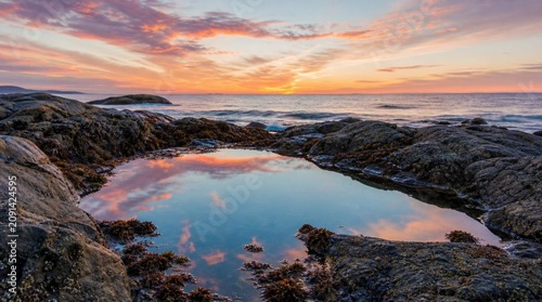 A rocky coastline tide pool mirrors pink sunset clouds over the ocean, suited for travel, nature, meditation, and coastal tourism promotions.
