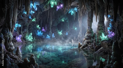 Glowing blue and purple crystals illuminate a mystical underground cavern featuring a calm reflective pool surrounded by ancient jagged rock formations