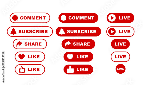 social media call to action buttons like subscribe comment live vector set