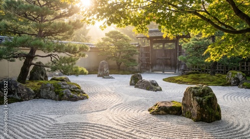 Peaceful zen garden featuring raked white gravel patterns and weathered mossy rocks under a warm glowing golden morning sun light