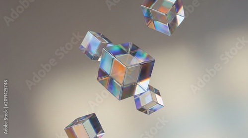Multiple transparent glass cubes floating in midair displaying beautiful prismatic light refractions and soft colorful spectral highlights against neutral background