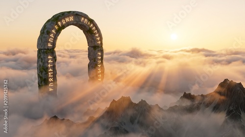 Ancient stone archway with glowing golden runes standing majestically above a sea of thick white clouds at golden sunset hour