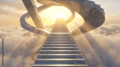 Surreal marble staircase reaching toward the bright sun rising above thick fluffy white clouds in a dreamy ethereal golden sky