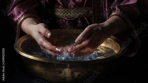 Adult hands washing in brass bowl with reflective water mirroring faint human figure, moody directional light, deep shadows, warm metal tones, intimate contemplative religious symbolism