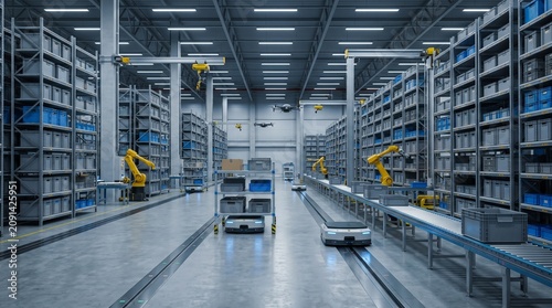 Automated warehouse facility featuring yellow robotic arms and autonomous mobile robots navigating between tall metal shelving units with plastic crates