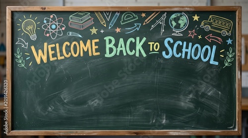 Welcome Back to School Wooden Frame Blackboard with Colorful Chalk Doodles and Empty Copy Space