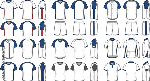 Customizable Blue and White Athletic Sportswear Technical Flat Sketch Vector Template Set for Team Jersey Uniform Designs