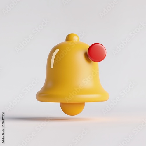 3D yellow notification bell icon with red dot on white background