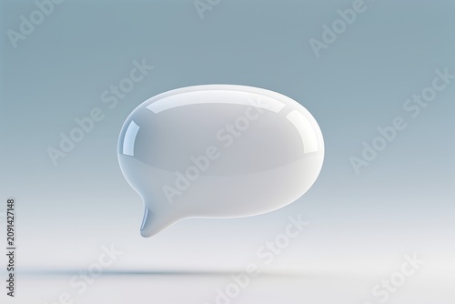 Glossy white 3D oval speech bubble icon on blue minimalist background