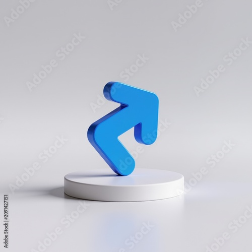 Blue 3D curved arrow icon on white round podium square background