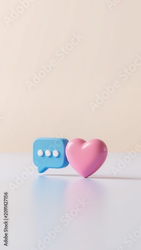 3D blue speech bubble and pink heart icon on pastel background mockup