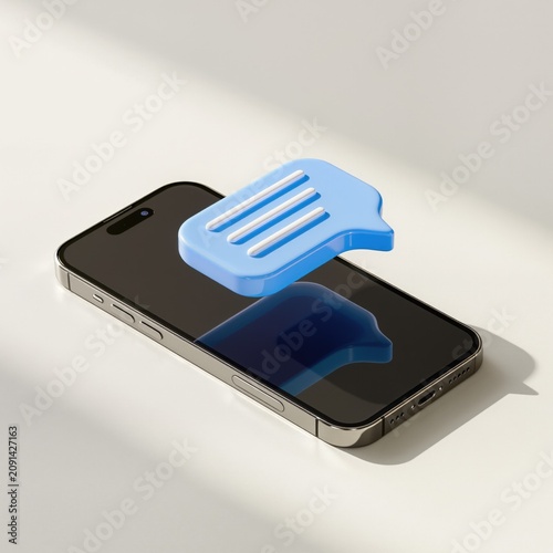 3D blue chat bubble icon floating over modern smartphone on clean background