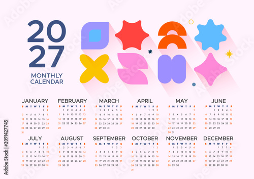 2027 wall calendar template with a modern design. Horizontal calendar featuring bright, abstract geometric shapes.
