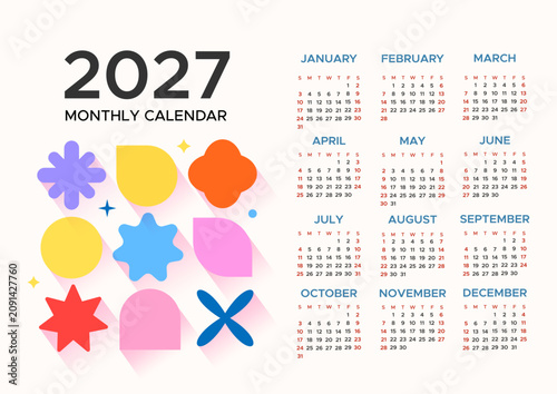 12-month calendar for 2027. Set of 12 months featuring abstract geometric shapes. Vector calendar template for 2027.
