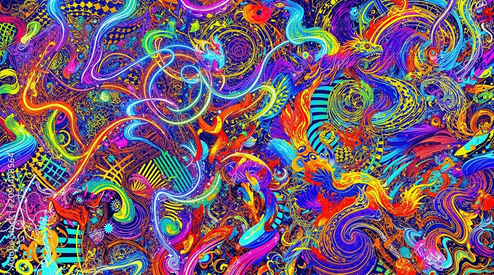 Fototapeta premium Numerous swirling psychedelic patterns create an intricate tapestry of flowing shapes and ornate designs covering the surface.