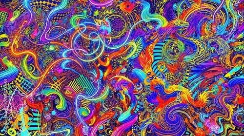Numerous swirling psychedelic patterns create an intricate tapestry of flowing shapes and ornate designs covering the surface.