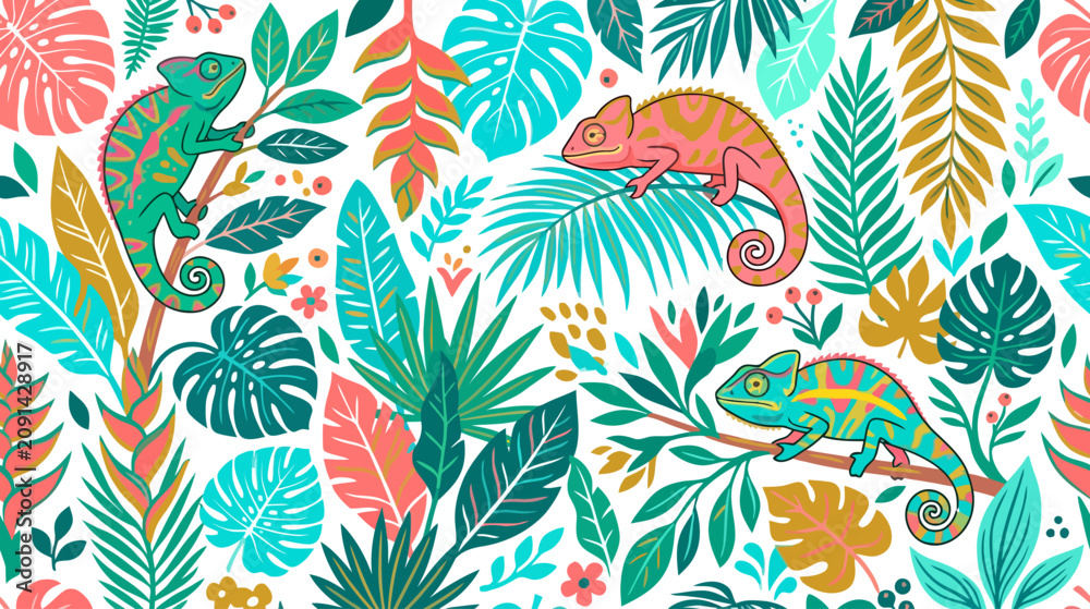 Fototapeta premium Vibrant tropical scene featuring colorful chameleons amidst lush jungle foliage and diverse botanical elements