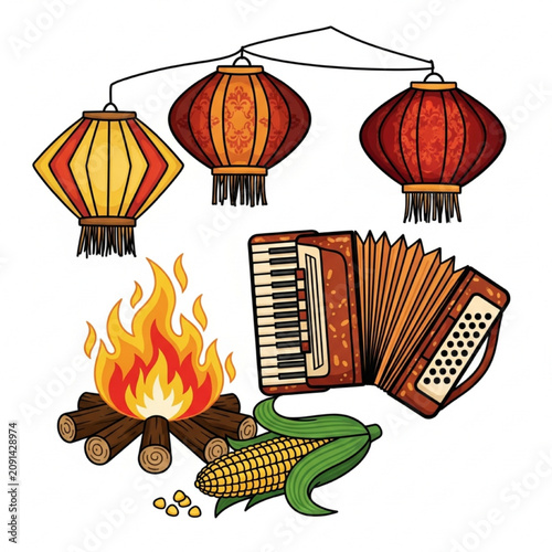 Set of Folk Festival Elements Including Lanterns and Accordion