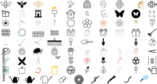 89 garden and backyard vector icon set bundle with bees, beehives, plants, tools, lawn care, patio, watering, outdoor decor, flowers, trees, and yard maintenance symbols.
