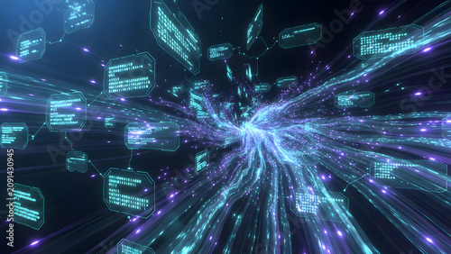 Abstract digital data stream visualization showing network connections, data flow, and a futuristic information processing system. Ideal for tech, AI, and IT concept designs. 3d Rendering